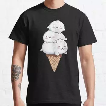 Плюс размер S-3XL Футболка с принтом Ice Cream Seals Мужские топы Модная одежда Футболки S чёрный