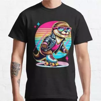 Плюс размер S-3XL Ретро крутая выдра роликовые коньки вибрации принтованная футболка мужские топы модная одежда футболки S чёрный