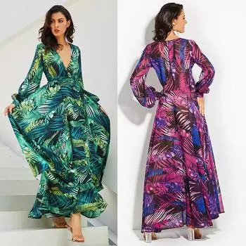 Плюс размер S-5XL повседневное платье женское плюс цветочный принт с рукавом-фонариком и v-образным вырезом модное пляжное платье модное платье с длинным рукавом S зелёный