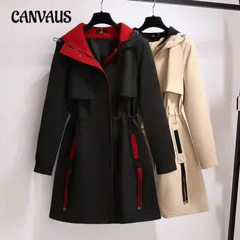 Плюс размер с капюшоном Тренч Пальто Женское Длинное Осеннее Свободное Темпераментное Повседневное Куртка 2XL чёрный