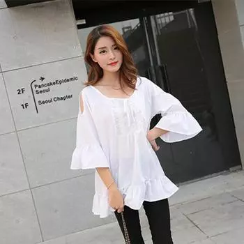 Плюс размер с половиной рукавом Falbala Свободная футболка Модная повседневная женская блузка Топы 3XL чёрный