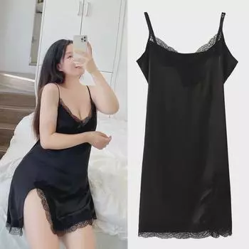 Плюс Размер Сексуальная Ледяной Шелковый Кружева Ночная Рубашка Пижама С Разрезом L чёрный