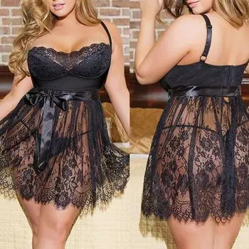 Плюс Размер Сексуальная Ночная Рубашка Кружева Пижамы Женское Белье Кружева Ночные Рубашки 3XL чёрный