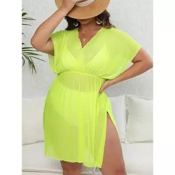 Плюс размер сексуальное прозрачное сетчатое бикини с глубоким v-образным вырезом, женская летняя пляжная одежда, туника с эластичной резинкой на талии и разрезом, пляжное платье 2024 0XL темно-синий