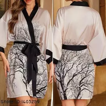 Плюс размер сексуальный женский халат пижамы шелковистый атласный кимоно халат платье юката китайский стиль принт филиал ночная рубашка повседневная домашняя одежда One Size