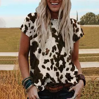 Плюс размер симметричный ретро принт летние футболки повседневные круглый вырез с коротким рукавом свободная женская одежда M