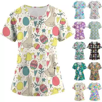 Плюс размер скраб с принтом Рабочая форма Топы для женщин Крест V-образным вырезом Форальный принт с короткими рукавами Забавные футболки Спецодежда Футболка с карманами L бежевый