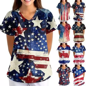 Плюс размер скраб с принтом, рабочая форма, топы для женщин, забавные футболки с перекрестным v-образным вырезом и короткими рукавами, рабочая одежда, футболка с карманами L киноварь