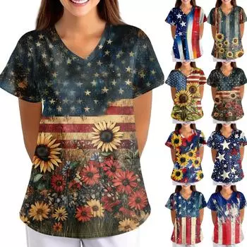 Плюс размер скраб с принтом, рабочая форма, топы для женщин, забавные футболки с перекрестным v-образным вырезом и короткими рукавами, рабочая одежда, футболка с карманами L синий