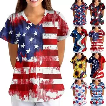 Плюс размер скраб с принтом, рабочая форма, топы для женщин, забавные футболки с перекрестным v-образным вырезом и короткими рукавами, рабочая одежда, футболка с карманами L