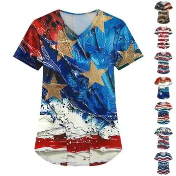 Плюс размер скраб с принтом Рабочая униформа Топы для женщин V-образным вырезом с принтом ко Дню независимости с короткими рукавами Забавные футболки Спецодежда Футболка с карманами L синий