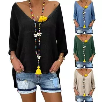 Плюс размер сплошной цвет повседневная женская свободная футболка с V-образным вырезом и рукавами 3/4