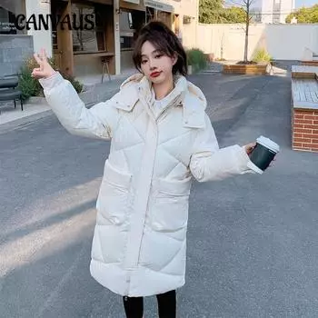 Плюс размер средней длины хлопковая одежда женская зимняя свободная съемная шапка хлопковая куртка M белый