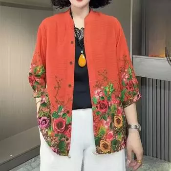Плюс Размер Средний Возраст и Пожилые Дамы Летний Кардиган С Принтом С Рукавами Среднего Размера Модный Свободный Универсальный Жакет С Воротником-стойкой XXXXXL оранжевый