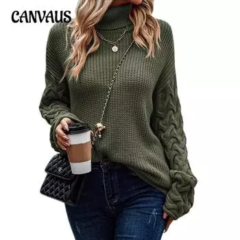 Плюс Размер Свитер Мода Высокий Воротник Свободный Переплетение Длинный Рукав Женский Трикотаж S чёрный