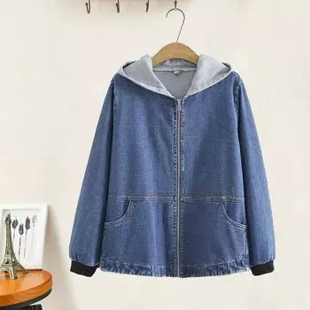 Плюс Размер Свитер Женский Осенний Свободный С Капюшоном Молния Джинсовая Куртка Женская Одежда Пальто XXXXL чёрный