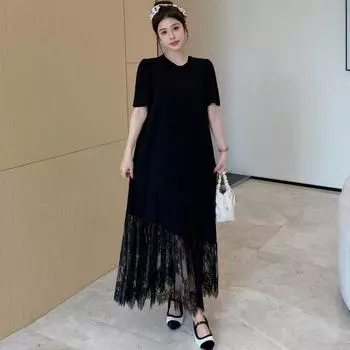 Плюс Размер Свободная Строчка Кружевная Футболка Черное Платье Женщины L чёрный