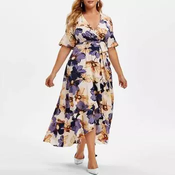 Плюс размер Свободное повседневное весенне-летнее женское платье с коротким рукавом и точечным принтом с цветочным принтом и высокой талией, длинное платье трапециевидной формы L-4XL XL чёрный