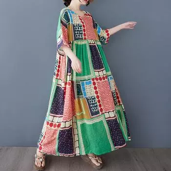 Плюс размер свободного покроя женское ретро бохо клетчатое хлопковое льняное платье с круглым вырезом большого размера повседневное длинное платье для женщин One Size