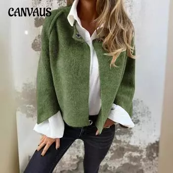 Плюс Размер Свободный Короткий Рукав Летучая Мышь Женская Однотонная Куртка На Пуговицах Длинный Рукав S хаки