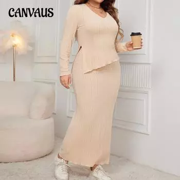 Плюс Размер Свободный Модный Комплект Длинный Рукав Неровный Подол Пакет Платье Костюм XL серый