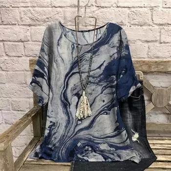 Плюс Размер ТОНКИЕ Ретро Принт Летние Футболки Повседневные Круглый Вырез Короткие Рукава Свободная Женская Одежда 7XL