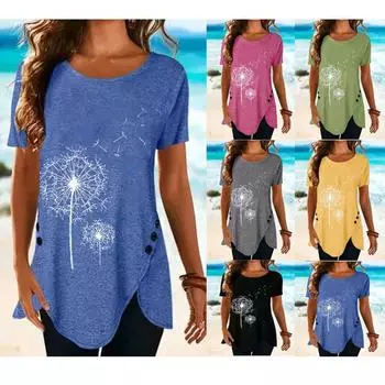 Плюс размер топы с принтом одуванчика круглый вырез туника с короткими рукавами блузка повседневные рубашки женская одежда S чёрный