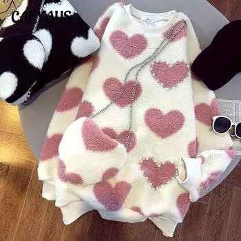 Плюс размер Тяжелая промышленность Бисероплетение Маленький Ароматный Ветер Осень и зима Утепленный Ниша Длинный рукав Пуловер L розовый