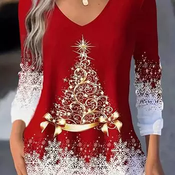 Плюс размер V-образный вырез с принтом рождественской елки и снежинок, длинный рукав, средняя эластичность, лето и осень - полиэстеровая трикотажная ткань, случайный рисунок, повседневный стиль S