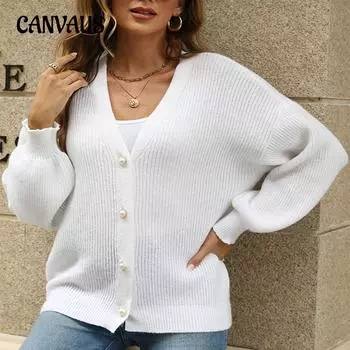 Плюс Размер V-образный вырез Вязаный кардиган Женский Осенний Темперамент Свитер Куртка S белый