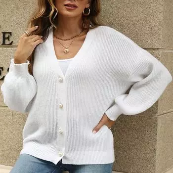Плюс Размер V-образный вырез Вязаный кардиган Женский Осенний Темперамент Свитер Куртка S белый