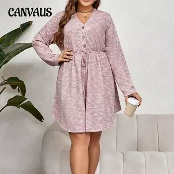 Плюс размер V-образным вырезом с длинным рукавом и галстуком Свободный пуловер Розовое тонкое женское платье для девочек