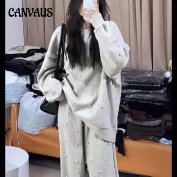 Плюс размер Весна и Осень Бисерный Длинный Рукав Толстовка Эластичный Высокая Талия Прямые Брюки Костюм L серый