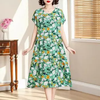Плюс Размер Винтаж Длинные Платья для Женщин Короткий Рукав Элегантное Платье Свободная Летняя Одежда XL