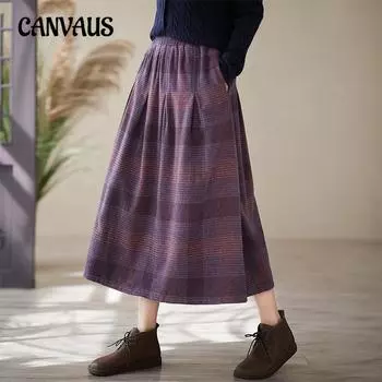 Плюс Размер Винтаж Тканая Клетчатая Юбка Полутела Женская Осенне-Зимняя Плиссированная Юбка Средней Длины Высокая Талия Клетчатая Юбка L фиолетовый
