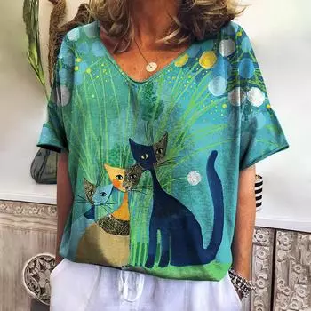 Плюс размер Винтажная футболка для женщин с принтом аниме-кота и V-образным вырезом Женская повседневная футболка с самым модным принтом Высококачественная одежда Новая удобная одежда 7XL