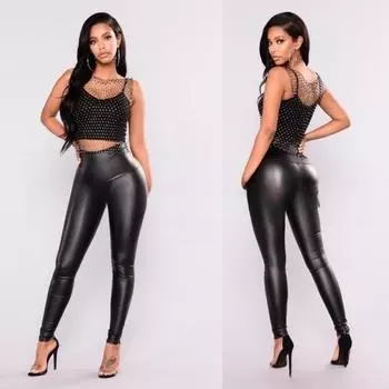 Плюс Размер Высокая Талия Обтягивающие Эластичные Штаны Для Йоги Модные Женские Сексуальные Блестящие Леггинсы Из Искусственной Кожи S чёрный