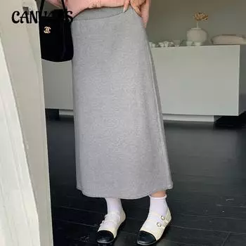 Плюс Размер Высокая Талия Прямая Юбка Женская Повседневная Юбка Полубоди Зимняя Свободная Трикотажная Юбка, Прикрывающая Шаговый Шов XL чёрный