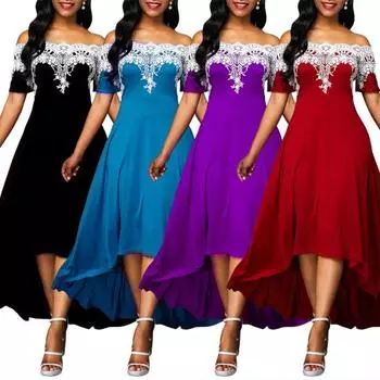 Плюс размер вечернее кружевное лоскутное платье с открытыми плечами и коротким рукавом женское высокое низкое платье XL синий