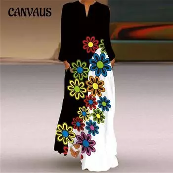 Плюс размер весенне-осеннее женское длинное платье с v-образным вырезом и длинным рукавом с карманами и принтом, свободные платья S