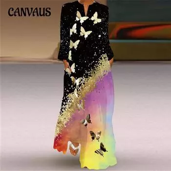 Плюс размер весенне-осеннее женское длинное платье с v-образным вырезом и длинным рукавом с карманами и принтом, свободные платья S