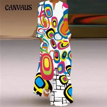 Плюс размер весенне-осеннее женское платье с длинными рукавами и принтом, длинные платья с v-образным вырезом