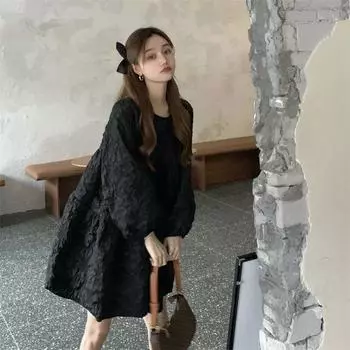 Плюс размер весенне-осеннего студенческого стиля Свободное платье с длинными рукавами для женщин 2XL чёрный