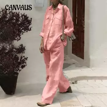 Плюс размер весенне-осенняя женская хлопковая льняная рубашка с длинными рукавами, свободный брючный костюм