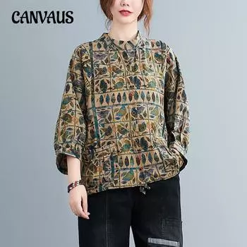 Плюс размер весенне-осенняя женская хлопковая льняная свободная рубашка в стиле ретро в стиле ретро L