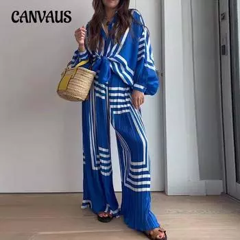 Плюс размер, весенне-осенняя женская модная полосатая рубашка с длинными рукавами и принтом, плиссированные прямые широкие брюки, костюм S синий