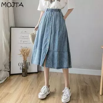 Плюс размер, весна-лето, женская повседневная свободная джинсовая юбка с высокой талией и разрезом на бедрах