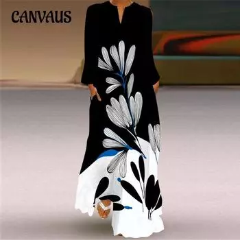 Плюс размер весна-лето женское длинное платье с принтом бабочки в стиле ретро и v-образным вырезом с длинными рукавами и карманами