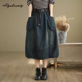 Плюс размер весна осень женская джинсовая юбка с высокой талией стираная хлопковая мешковатая юбка винтажная джинсовая юбка с поясом и карманами M