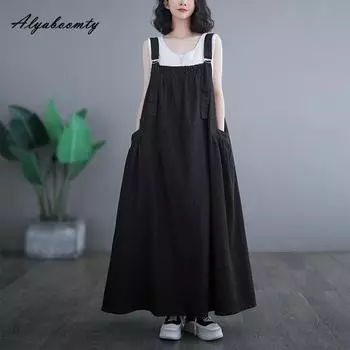 Плюс размер весна осень женский джинсовый сарафан большого размера без рукавов повседневное свободное черное платье с карманами M чёрный